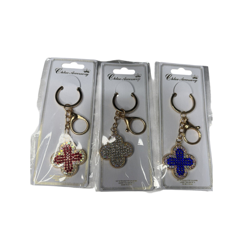 KEYCHAINS CLOVER RED, SILVER AND BLUE WITH GOLD TONE