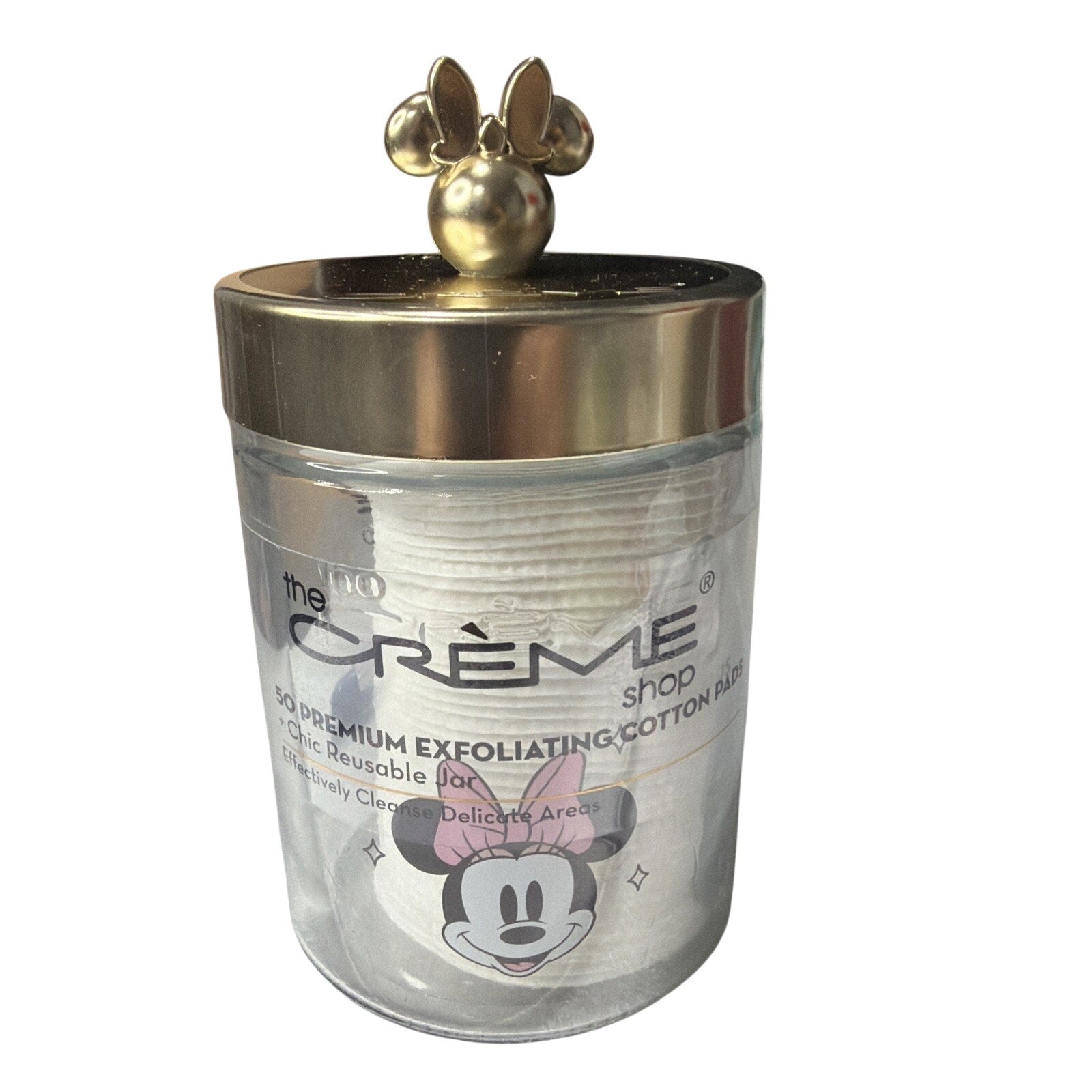 NEW THE CREME SHOP MINNIE MOUSE CHIC REUSABLE JAR CONTAINER OF COTTON PADS
