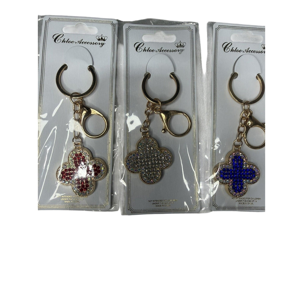 KEYCHAINS CLOVER RED, SILVER AND BLUE WITH GOLD TONE