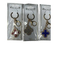 KEYCHAINS CLOVER RED, SILVER AND BLUE WITH GOLD TONE